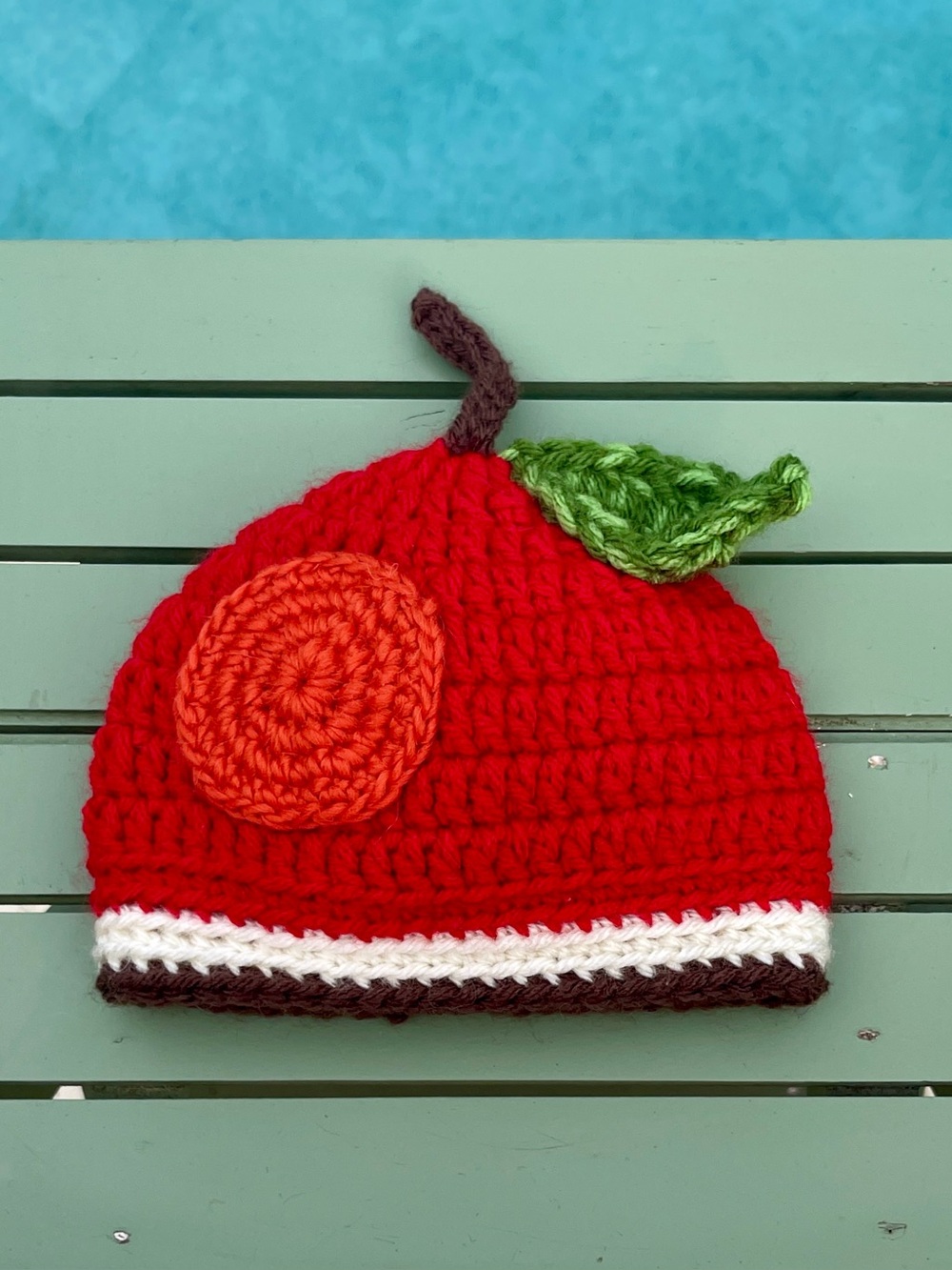 Baby Red Apple Crochet Hat with Green Leaf Accent